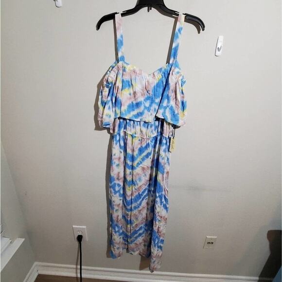 Liberty Love bLUE yELLOW AND tAN Tie dye Maxi dress plus size 2X - Picture 1 of 10